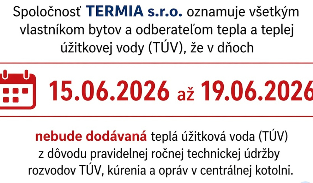 Oznam pre odberateľov tepla a TÚV 